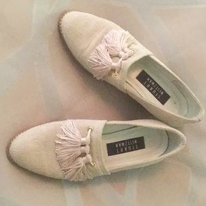 Stuart Weitzman Canvas Fringe Tassel Loafer Flats
